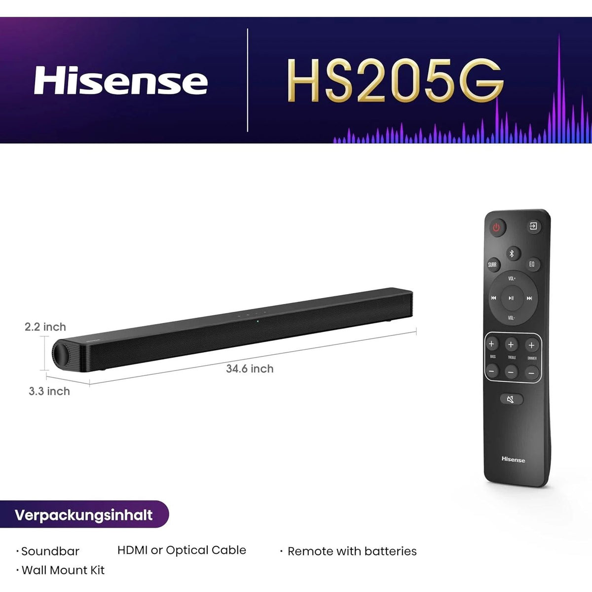 Hisense HS205G 2.0 Soundbar – 120 W, Bluetooth, HDMI ARC, Wandmontage (Neu & OVP)