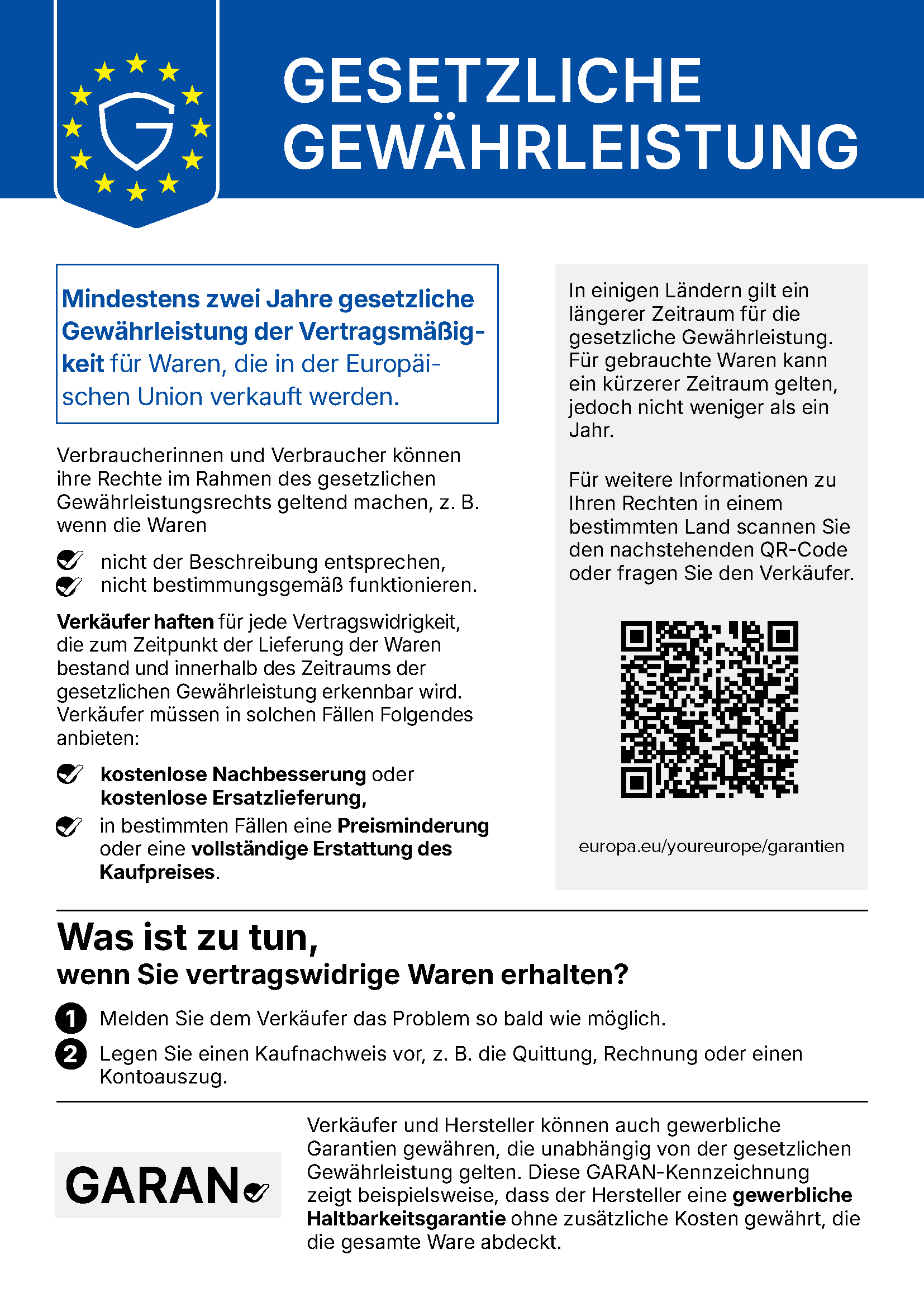 Gesetzliche Gewährleistung – mindestens zwei Jahre gesetzliche Gewährleistung der Vertragsmäßigkeit für Waren, die in der Europäischen Union verkauft werden. Amtlicher Hinweis der Europäischen Union.
